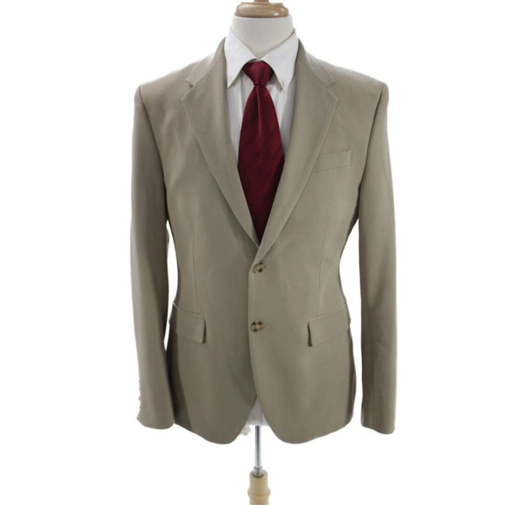 Zara Mens Beige Solid Collared Button Suit Jacket Polyester Long Sleeve Size 40